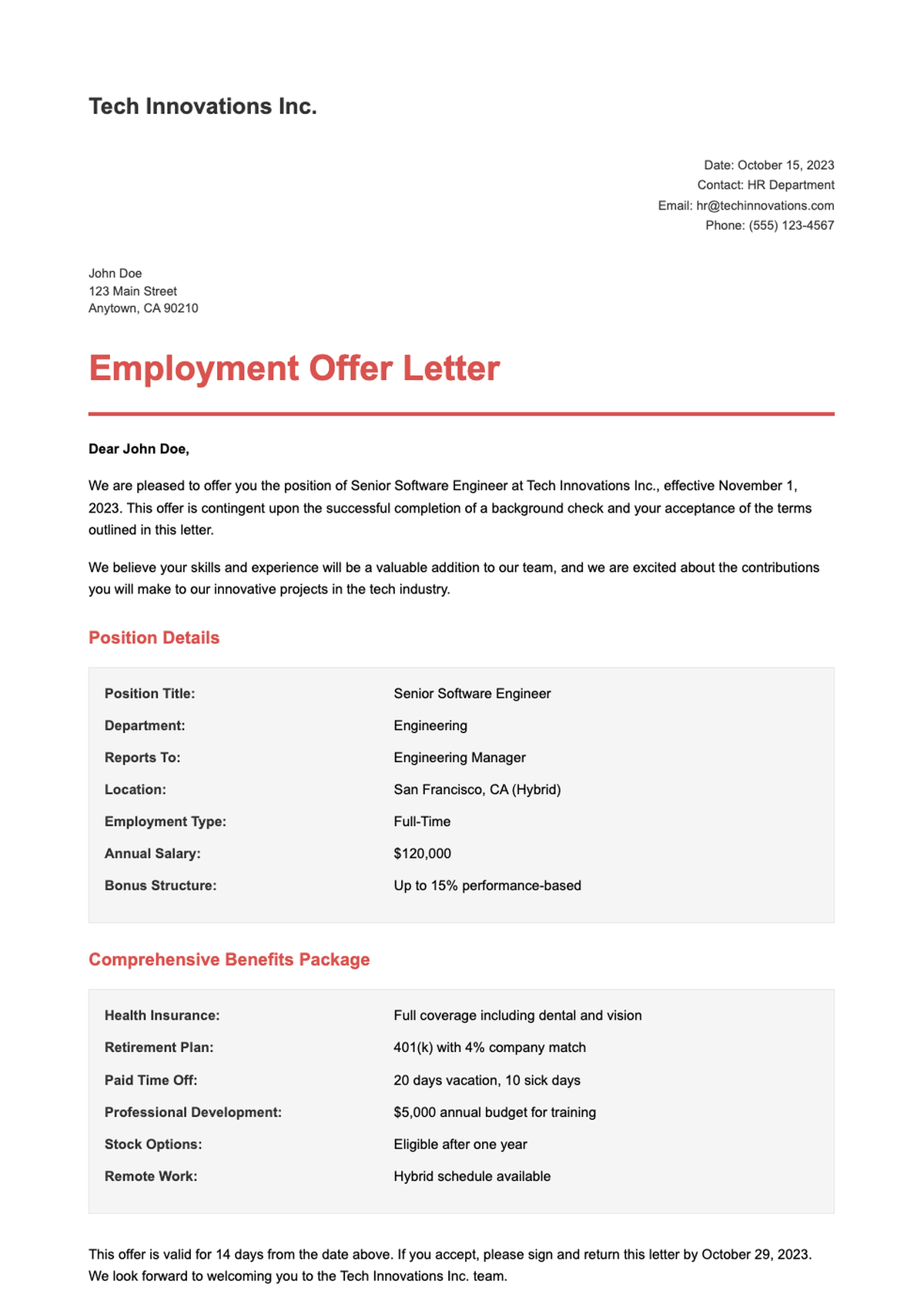 Professional employment offer letter for Senior Product Manager with benefits package_variant_1